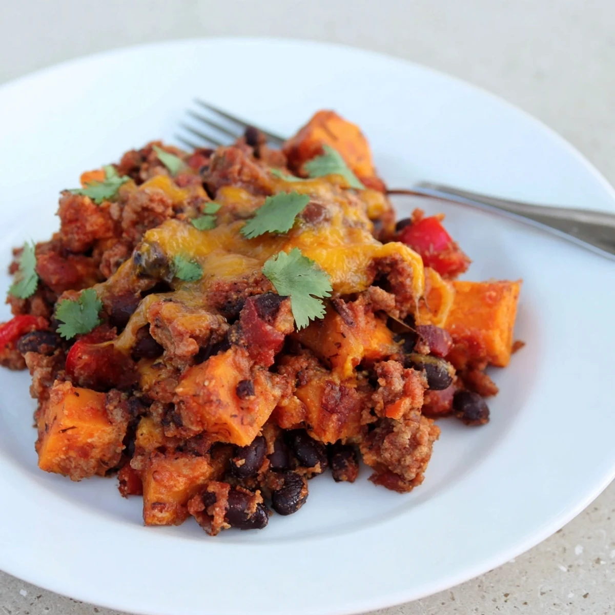 Creamy sweet potato turkey black bean bake topped with melted cheese and fresh cilantro