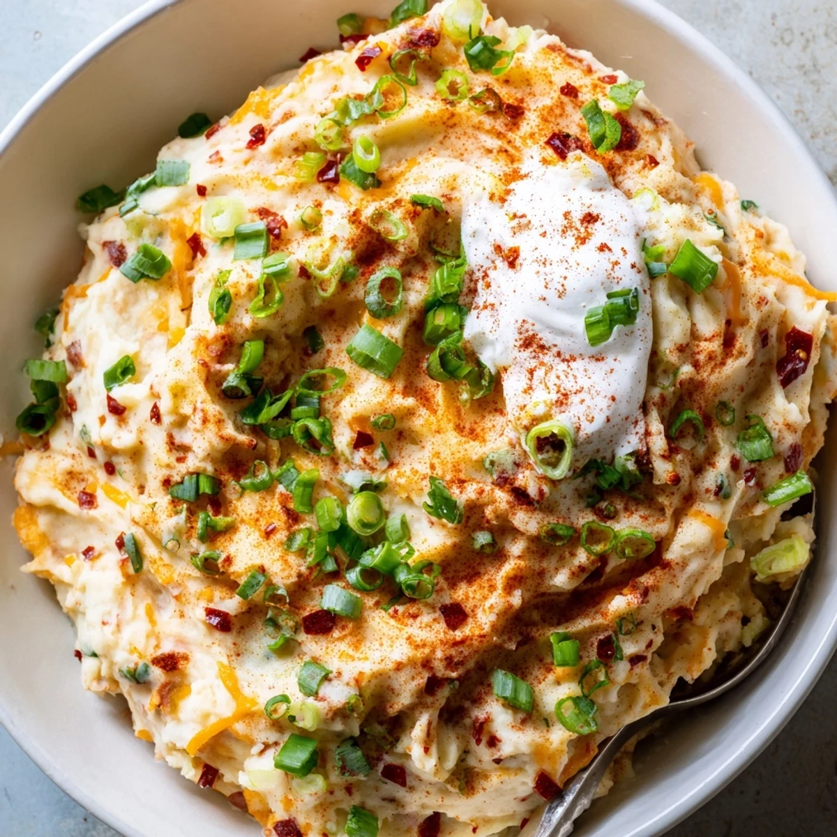 Creamy Tex Mex mashed potatoes topped with fresh cilantro and melted cheddar cheese