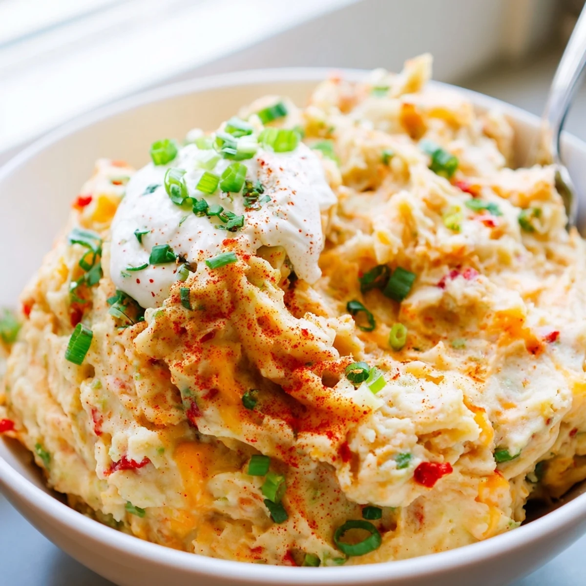 Steaming Tex Mex mashed potatoes garnished with green onions served in a ceramic dish