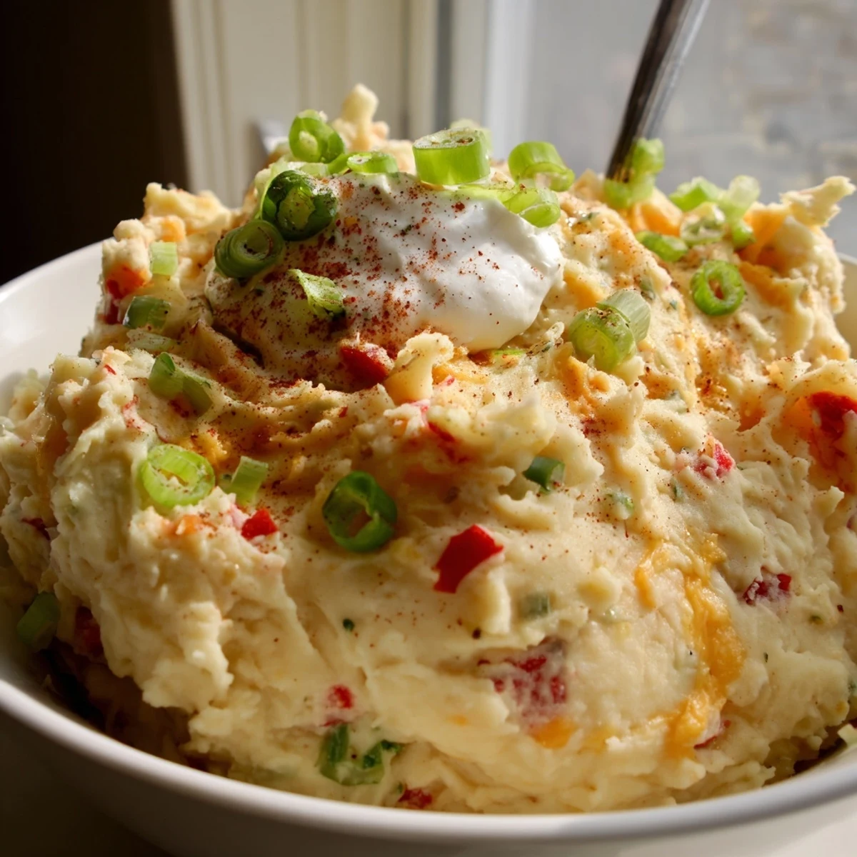Spicy Tex Mex mashed potatoes in a rustic bowl with colorful bell pepper flecks