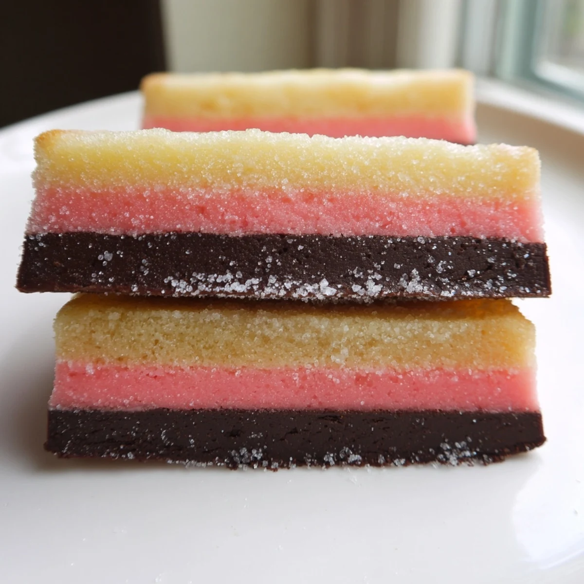 Colorful Neapolitan Cookies sliced to reveal chocolate, vanilla, and strawberry dough layers.