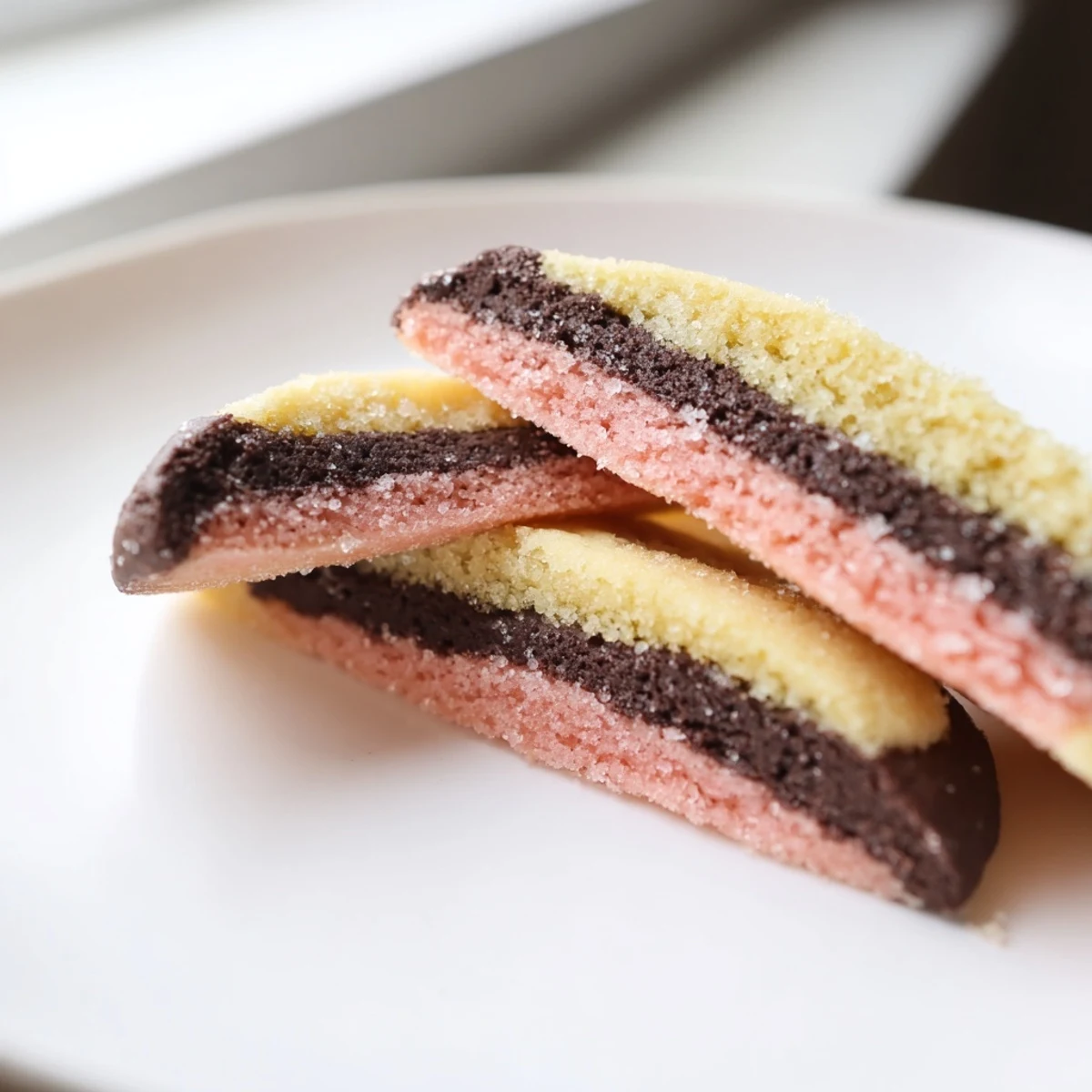Freshly baked Neapolitan Cookies with golden edges cooling on a wire rack.
