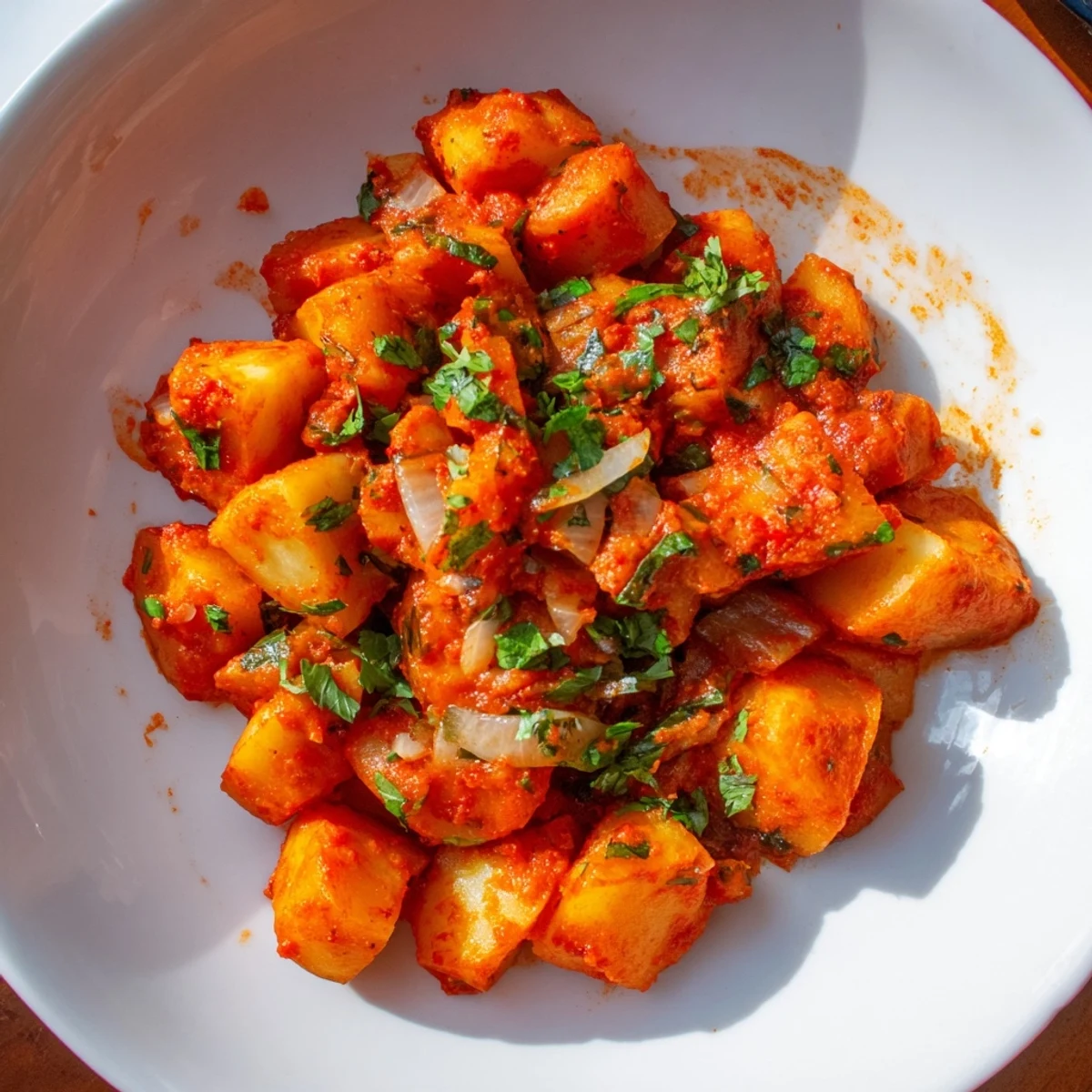 Golden papas con chile simmered in a rich, mildly spicy jalapeño tomato sauce