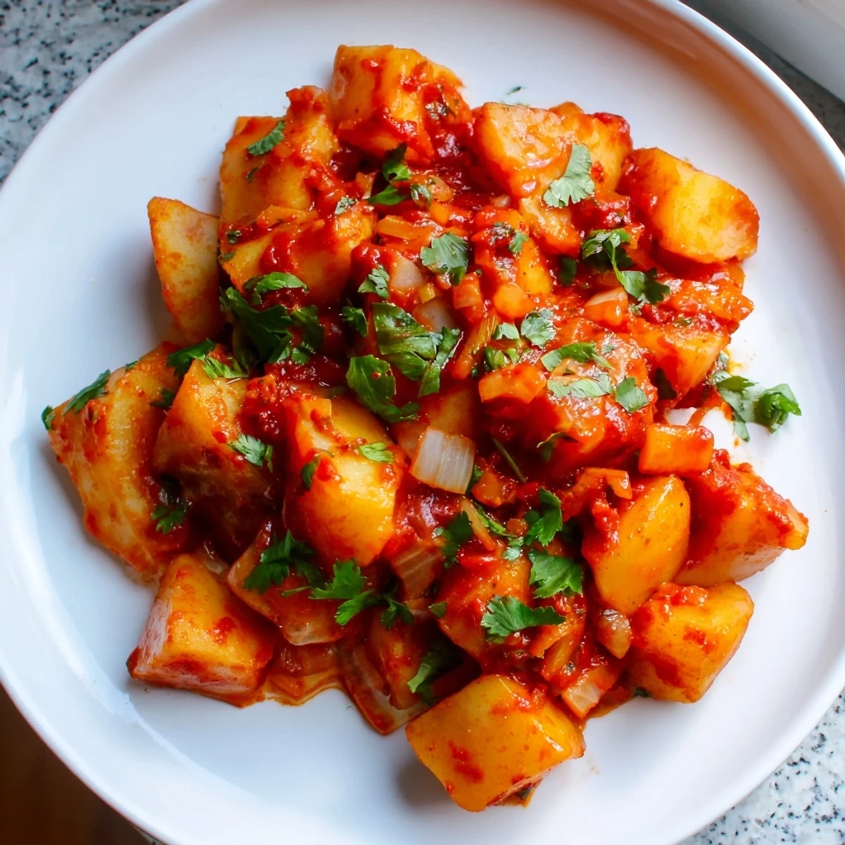 Tender diced potatoes coated in a savory chile sauce garnished with fresh cilantro