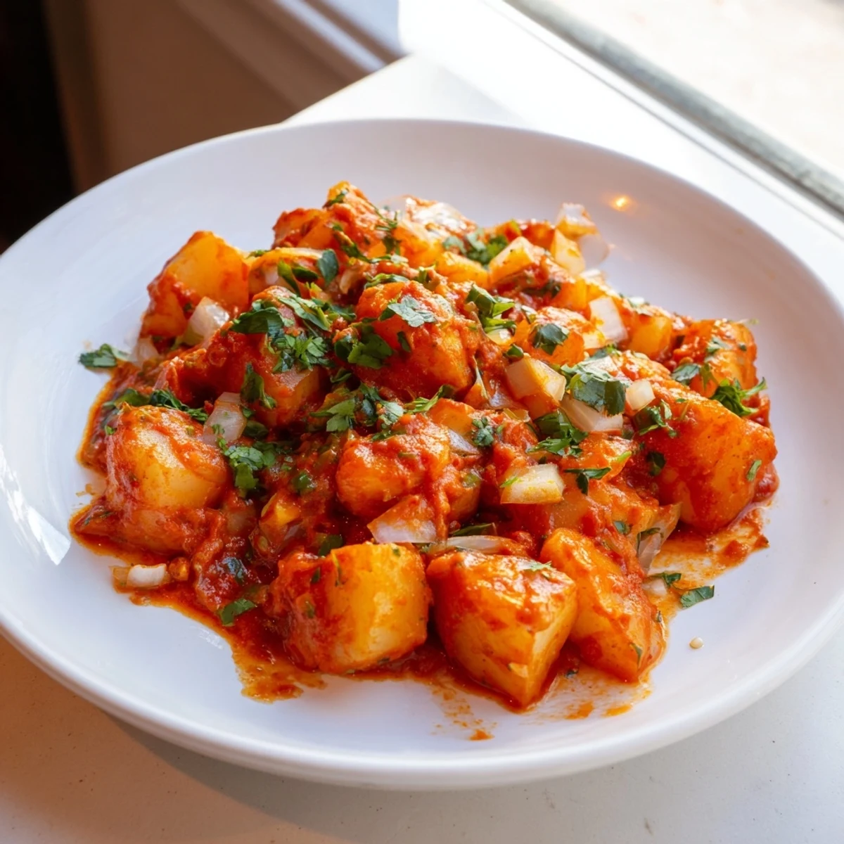 Hearty papas con chile served steaming hot in a cast iron skillet