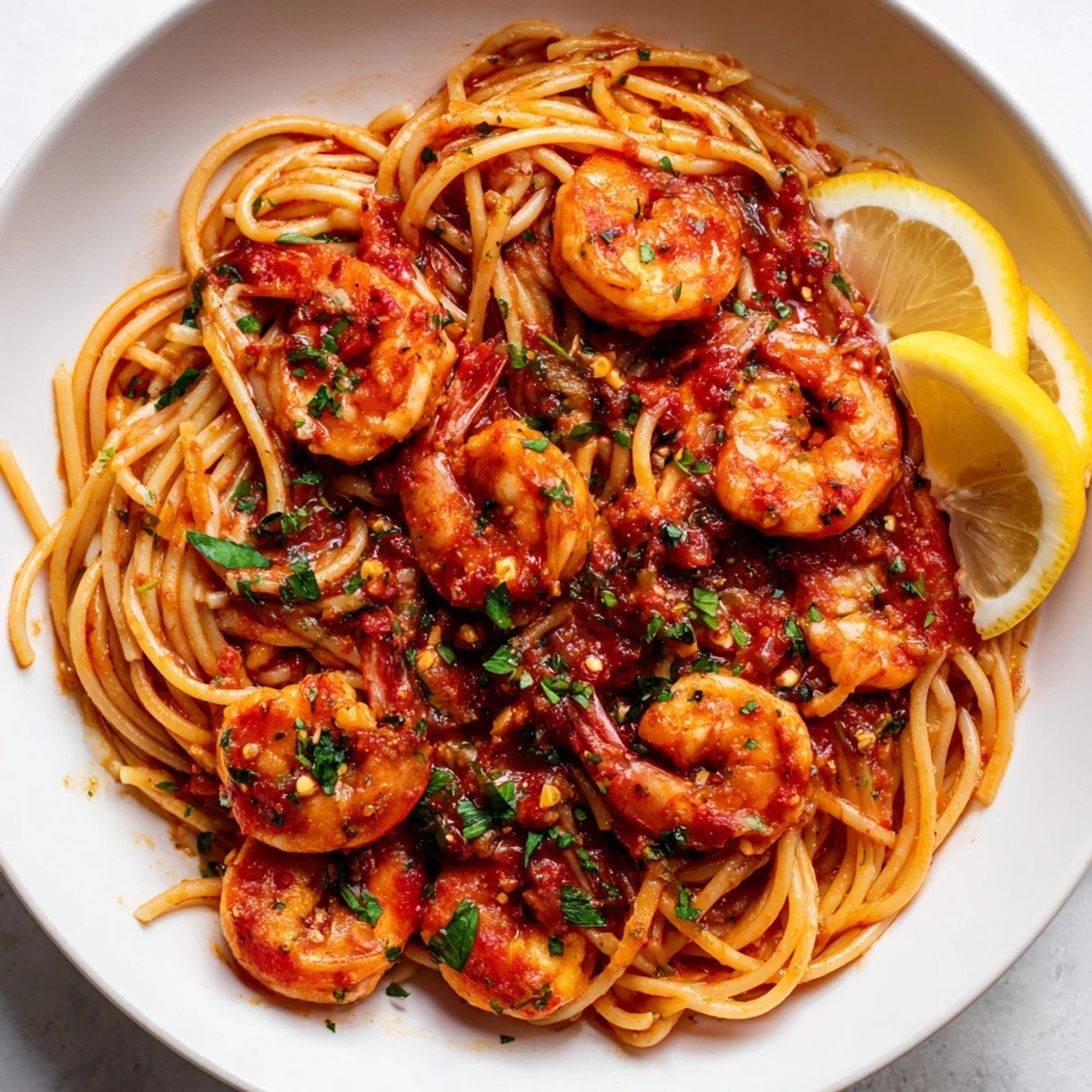 Plump shrimp fra diavolo in a fiery red tomato sauce garnished with fresh parsley