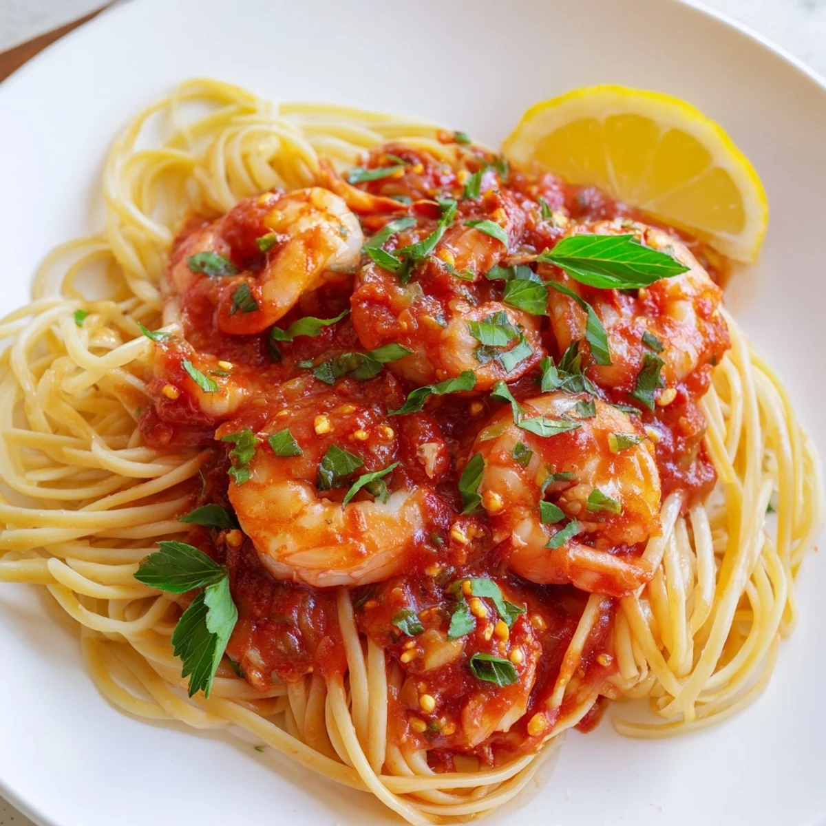 Spicy shrimp fra diavolo served over steaming spaghetti with a vibrant crimson sauce