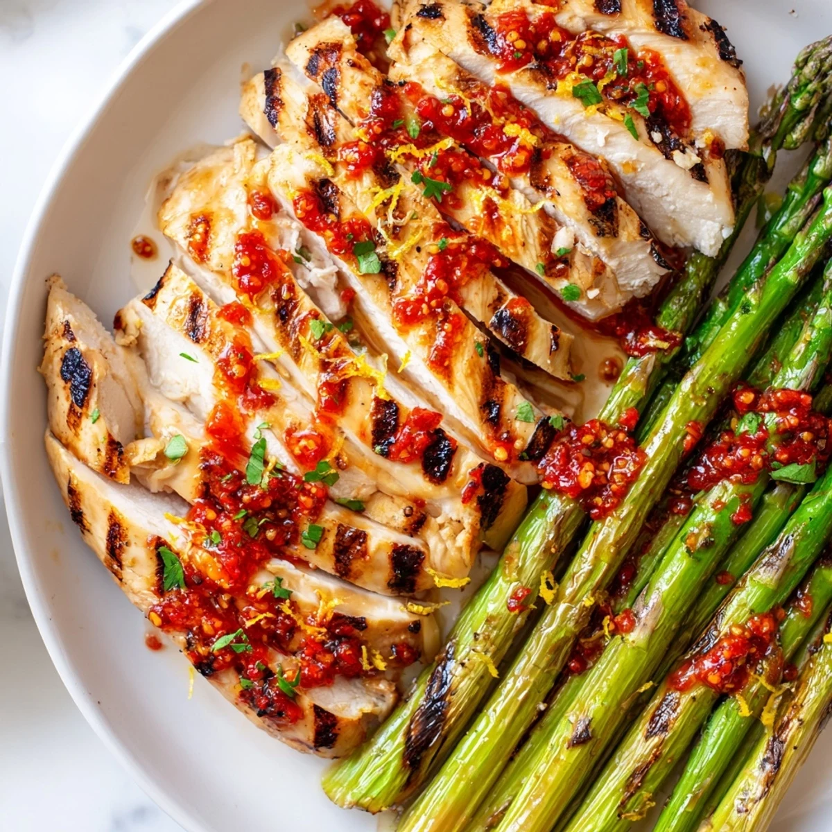 Smoky grilled asparagus chicken drizzled with vibrant Calabrian chili sauce on a rustic plate.