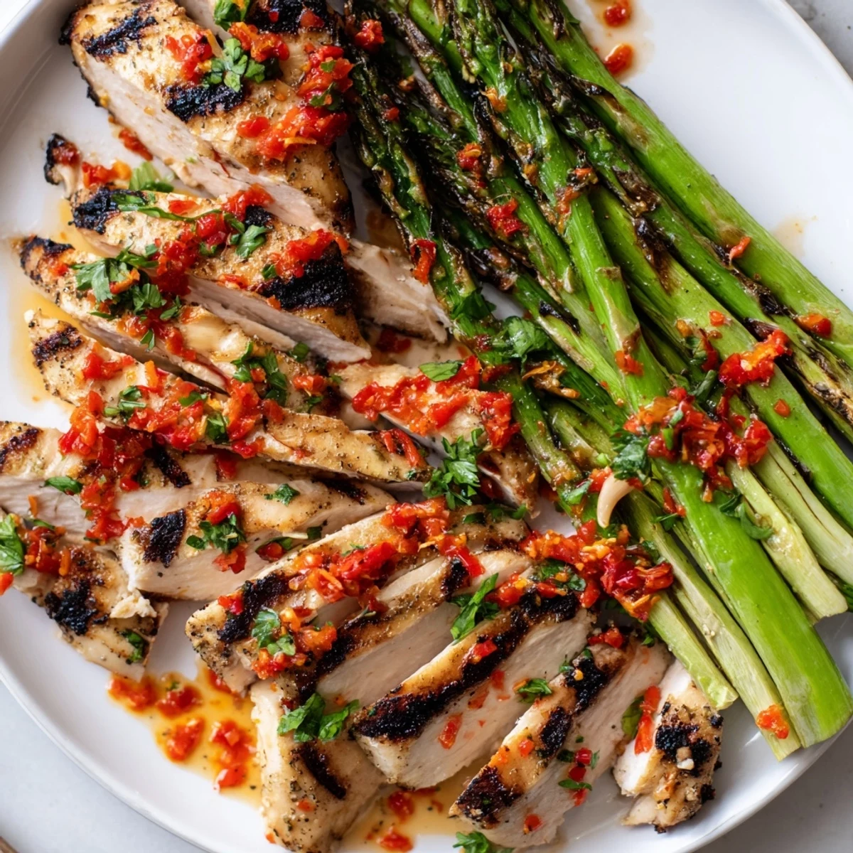 Juicy sliced grilled asparagus chicken topped with spicy red Calabrian chili sauce and fresh parsley.