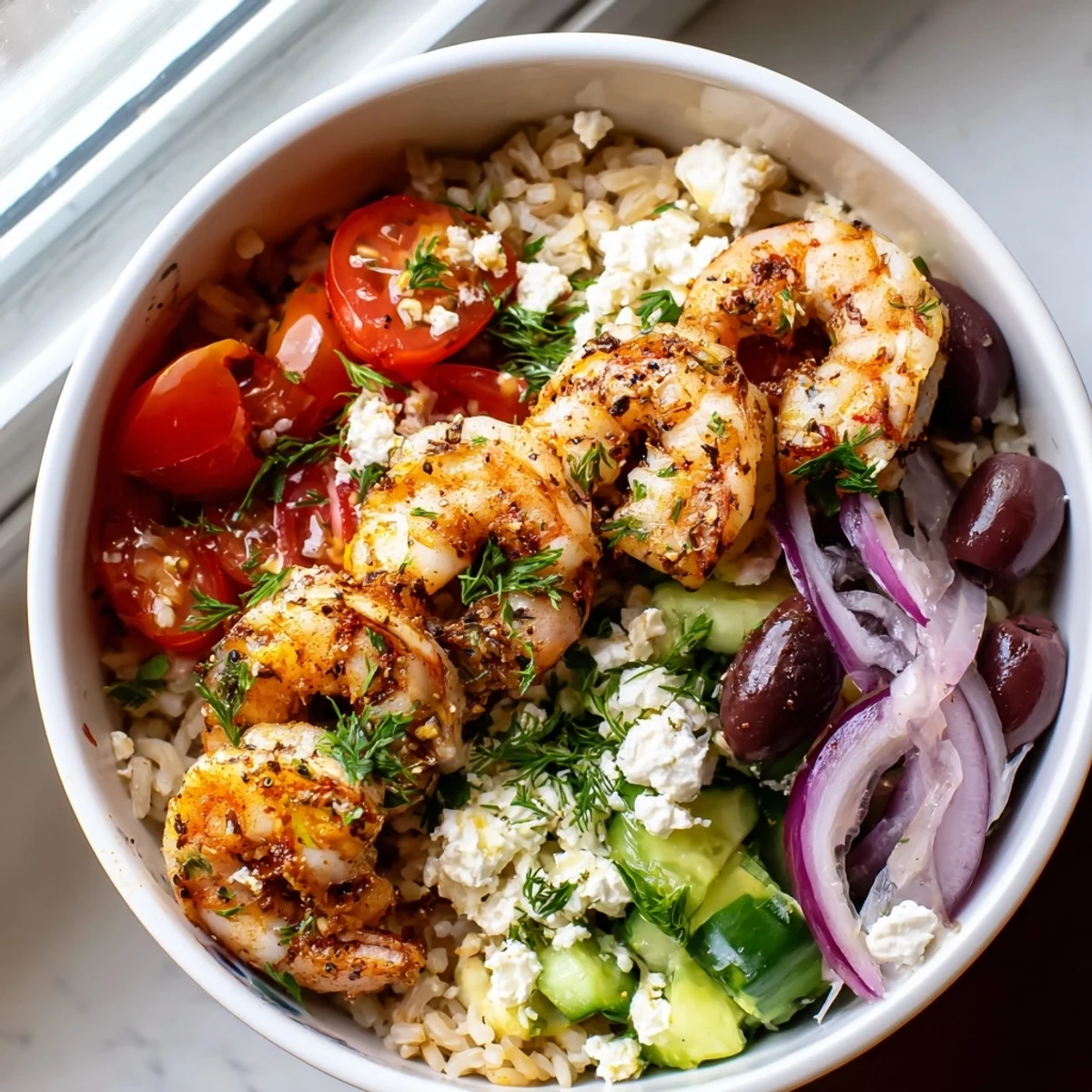 Golden seared Greek shrimp Mediterranean bowl with ripe tomatoes, olives, and crumbled feta