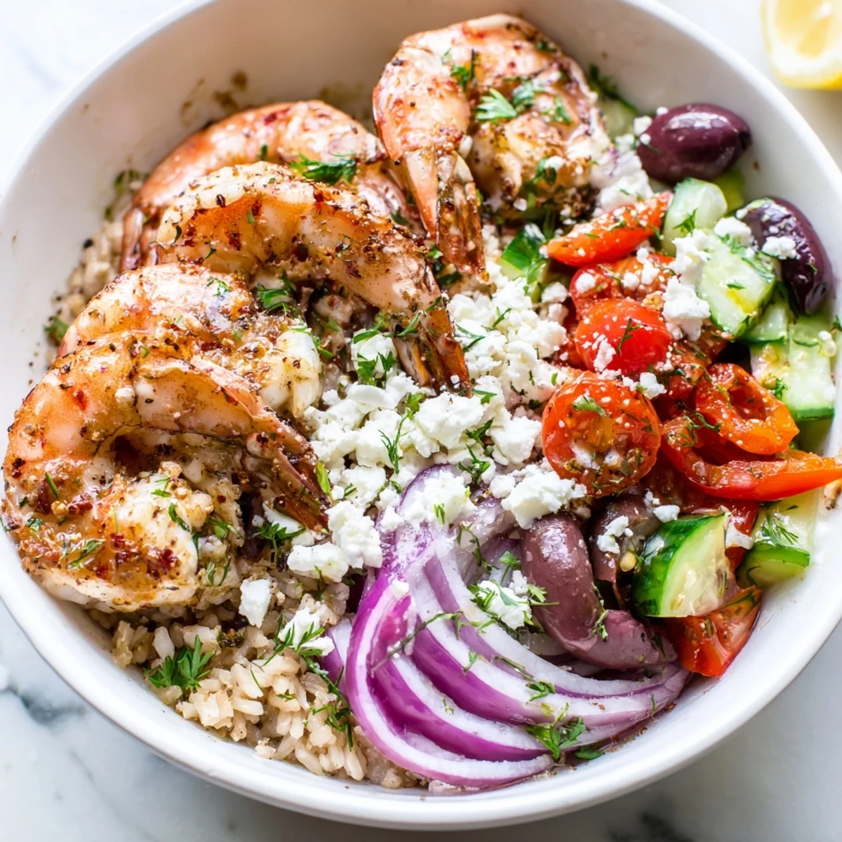 Vibrant Greek shrimp Mediterranean bowl served over fluffy quinoa with a lemon-herb drizzle