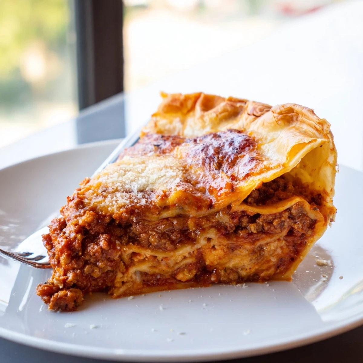 Golden bubbly cheesy lasagna pie sliced to reveal gooey layers of meat sauce and melted cheeses