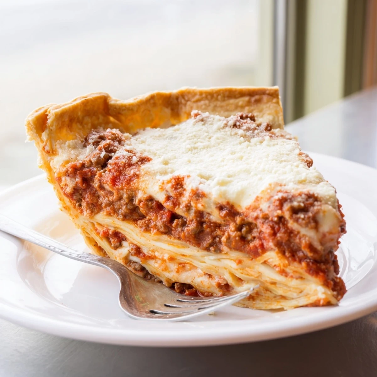 Cheesy lasagna pie in a flaky crust topped with melted mozzarella and fresh basil leaves
