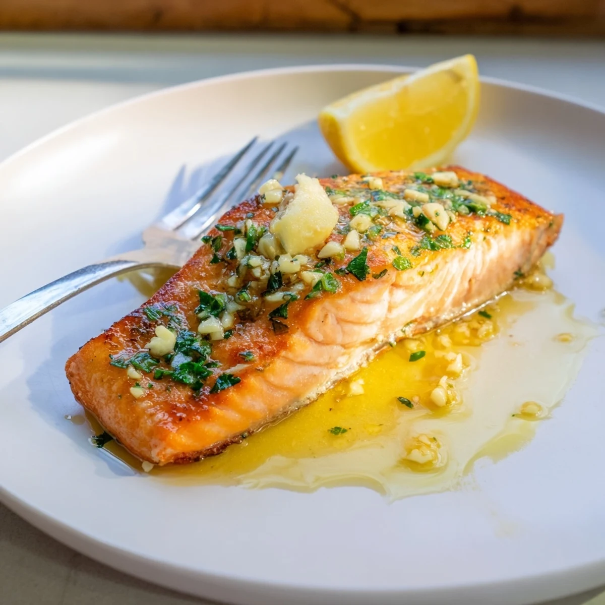 Golden garlic butter salmon fillets glistening with lemon herb sauce on a white plate