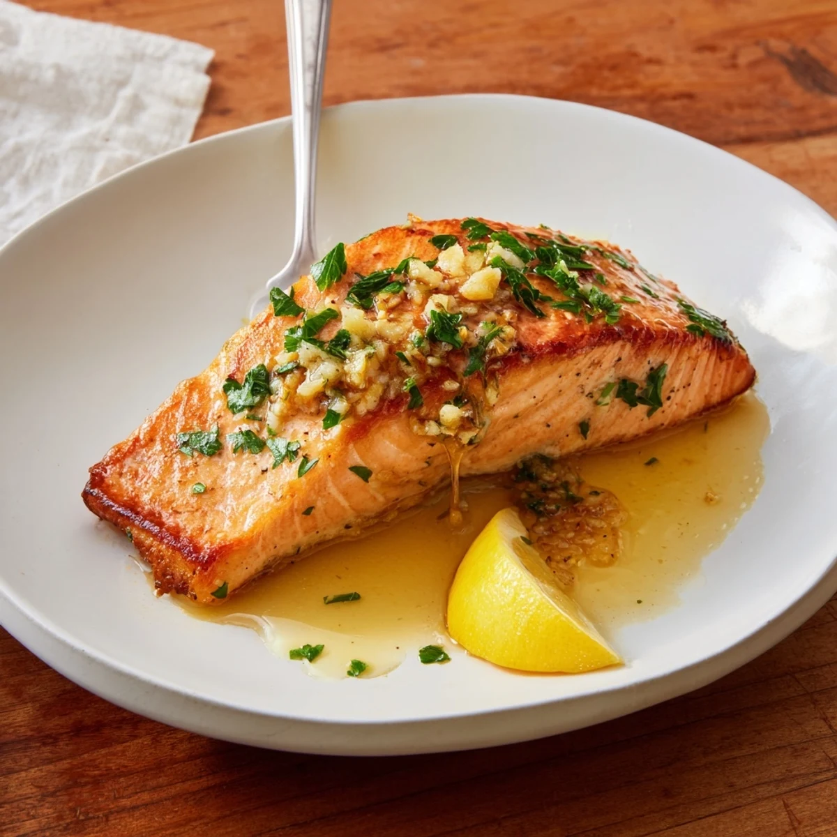 Pan-seared garlic butter salmon topped with melted sauce and fresh parsley garnish
