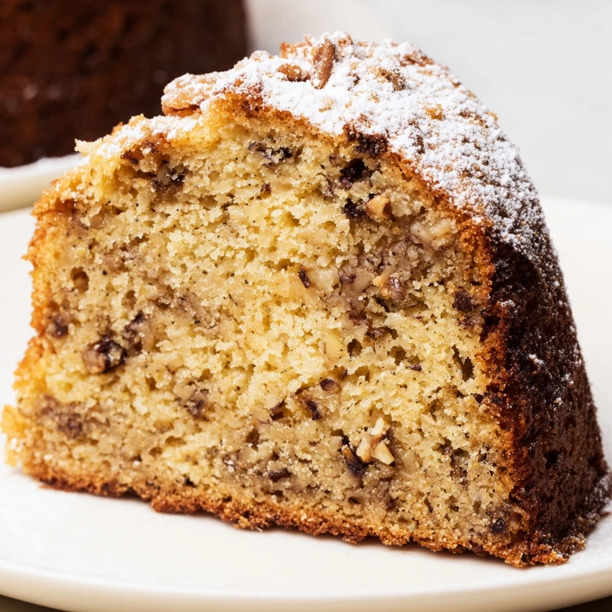A golden banana cake slice topped with creamy frosting on a rustic plate