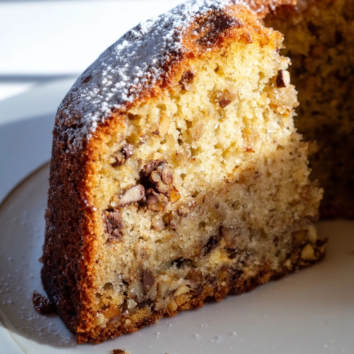 Warm banana cake fresh from the oven with chocolate chips and chopped walnuts