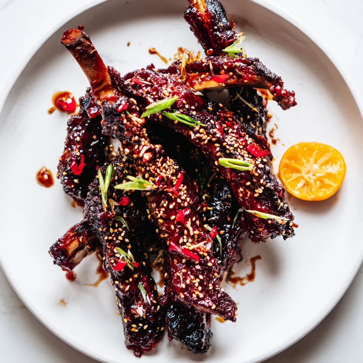 Korean BBQ lamb ribs with yuzu squeeze, caramelized and glistening on a grill