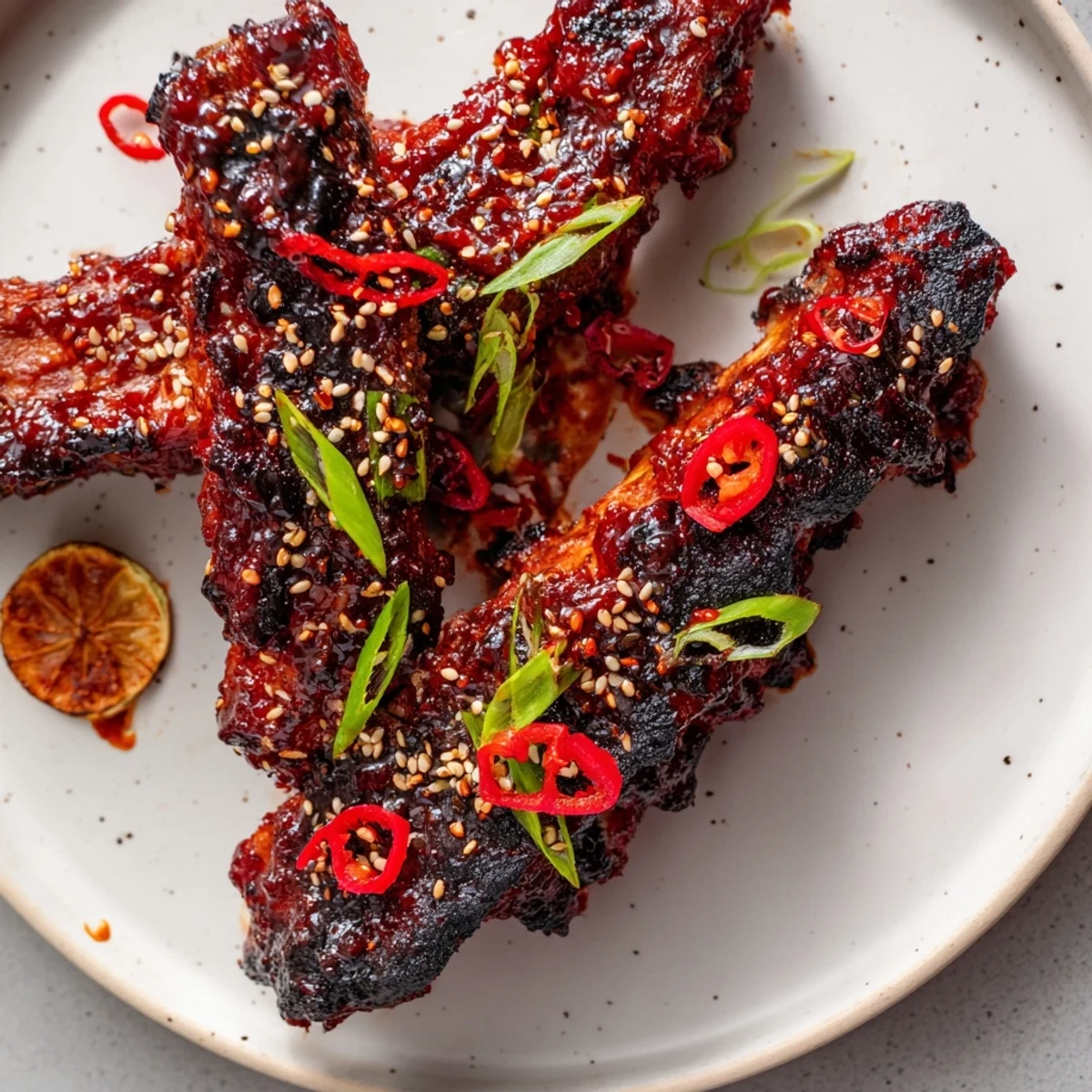 Tender Korean BBQ lamb ribs with yuzu squeeze topped with sesame seeds and scallions