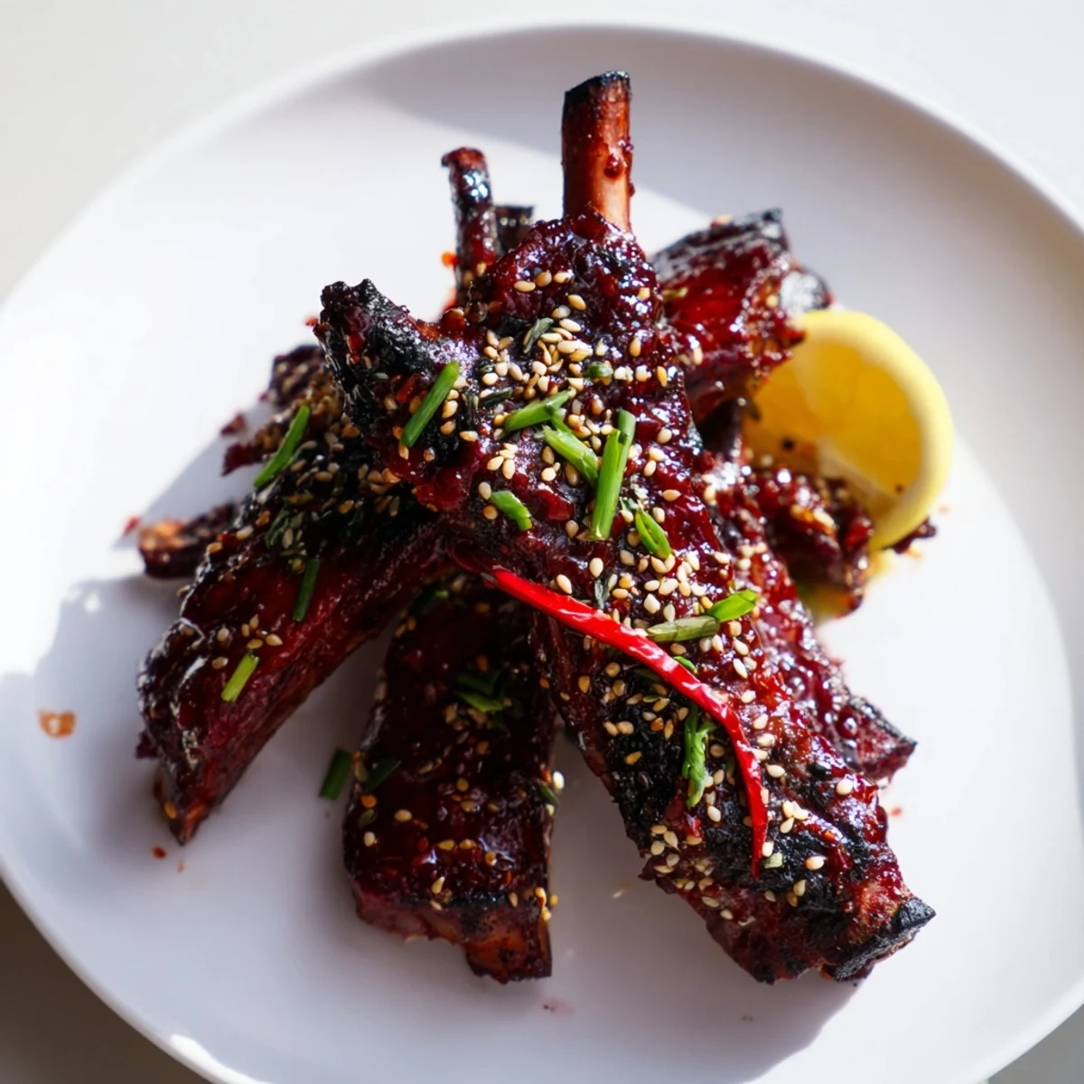 Juicy Korean BBQ lamb ribs with yuzu squeeze served hot with steamed rice and kimchi