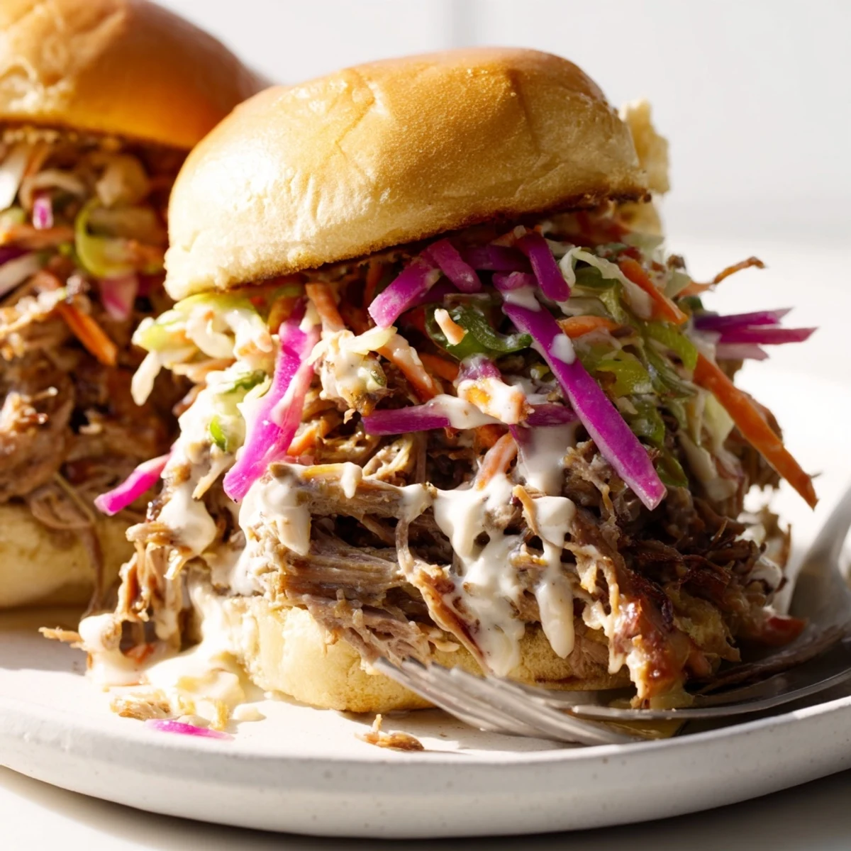 Tender shredded lamb coated in Alabama white sauce tucked inside golden slider buns with slaw