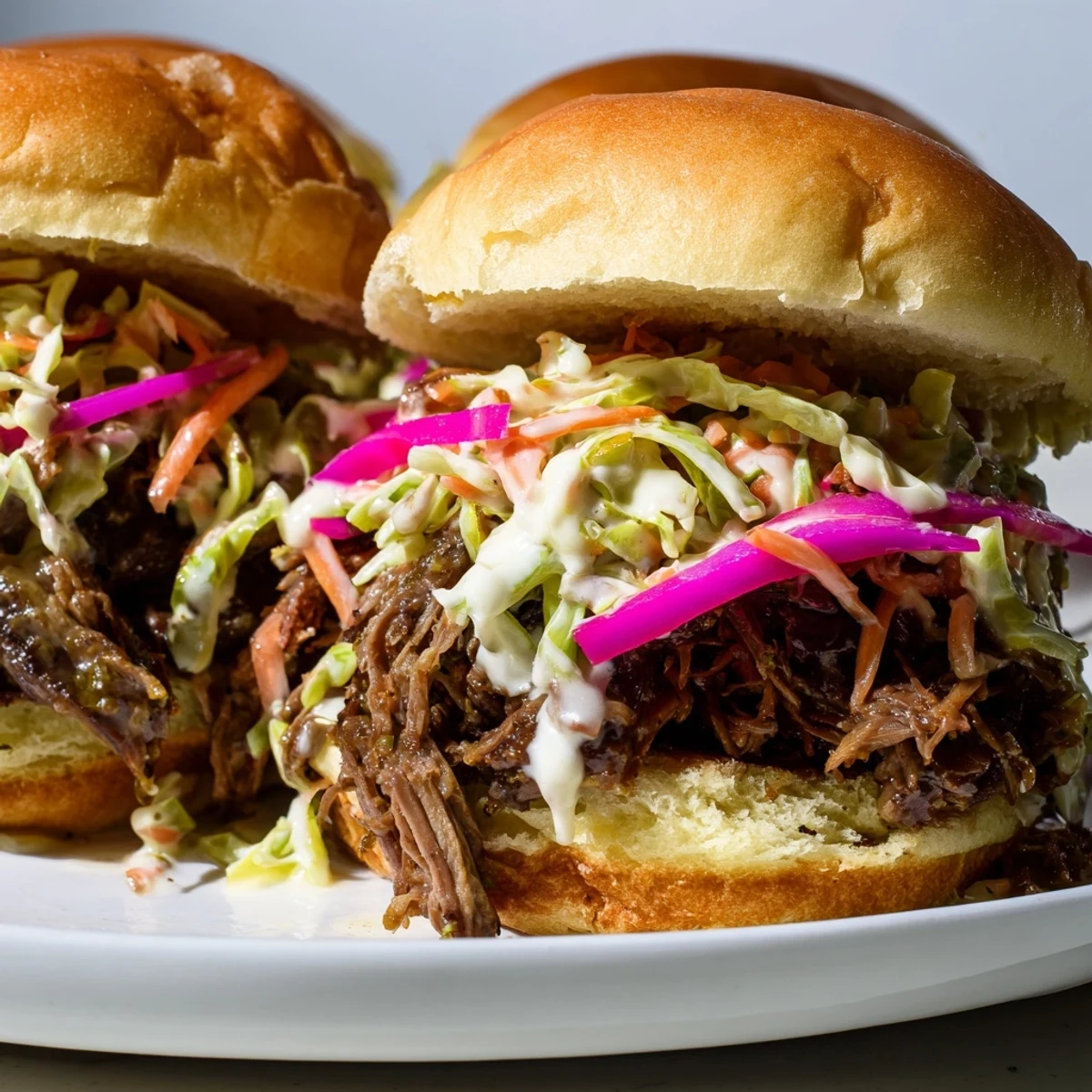 Tangy Alabama white sauce pulled lamb sliders piled high with crisp cabbage and carrots