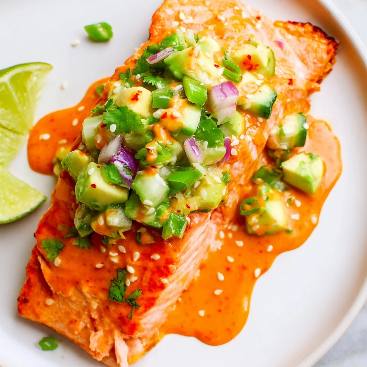 Crispy baked Bang Bang Salmon drizzled with spicy sauce and fresh avocado cucumber salsa on a white plate