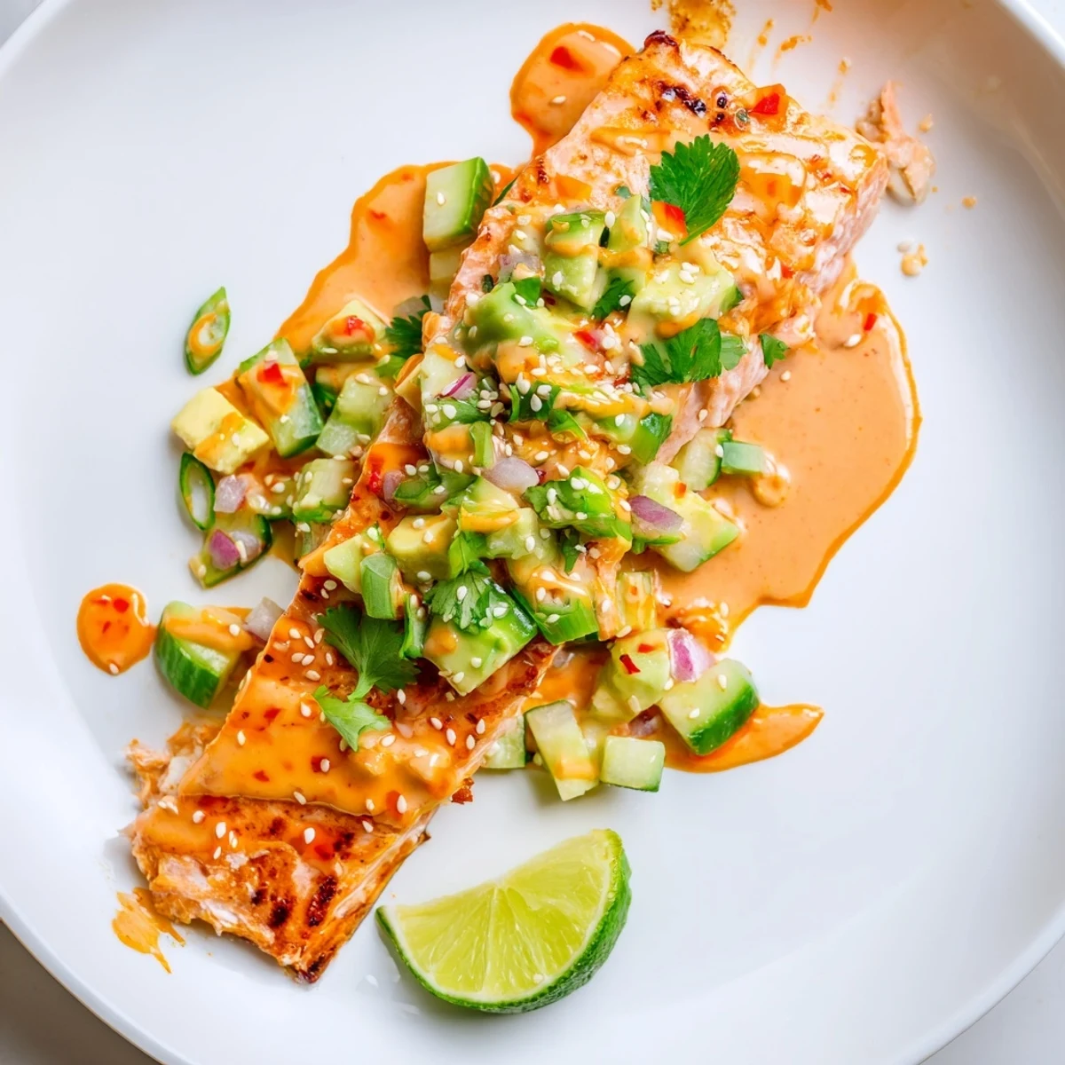 Golden Bang Bang Salmon fillets topped with creamy sriracha sauce over a bed of cool avocado cucumber salsa