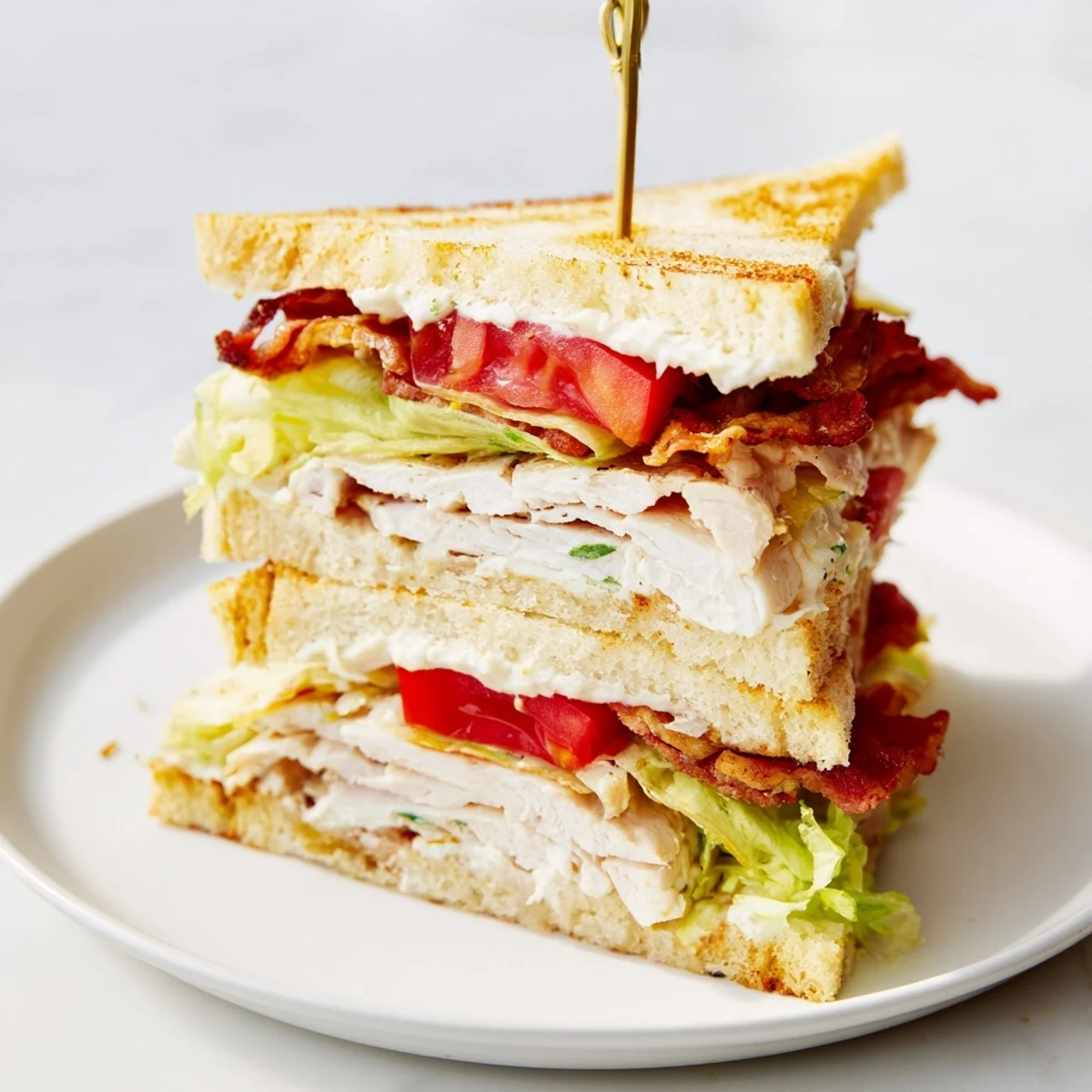 Triple-layered club sandwich with crispy bacon, roasted chicken, and fresh lettuce on toasted bread