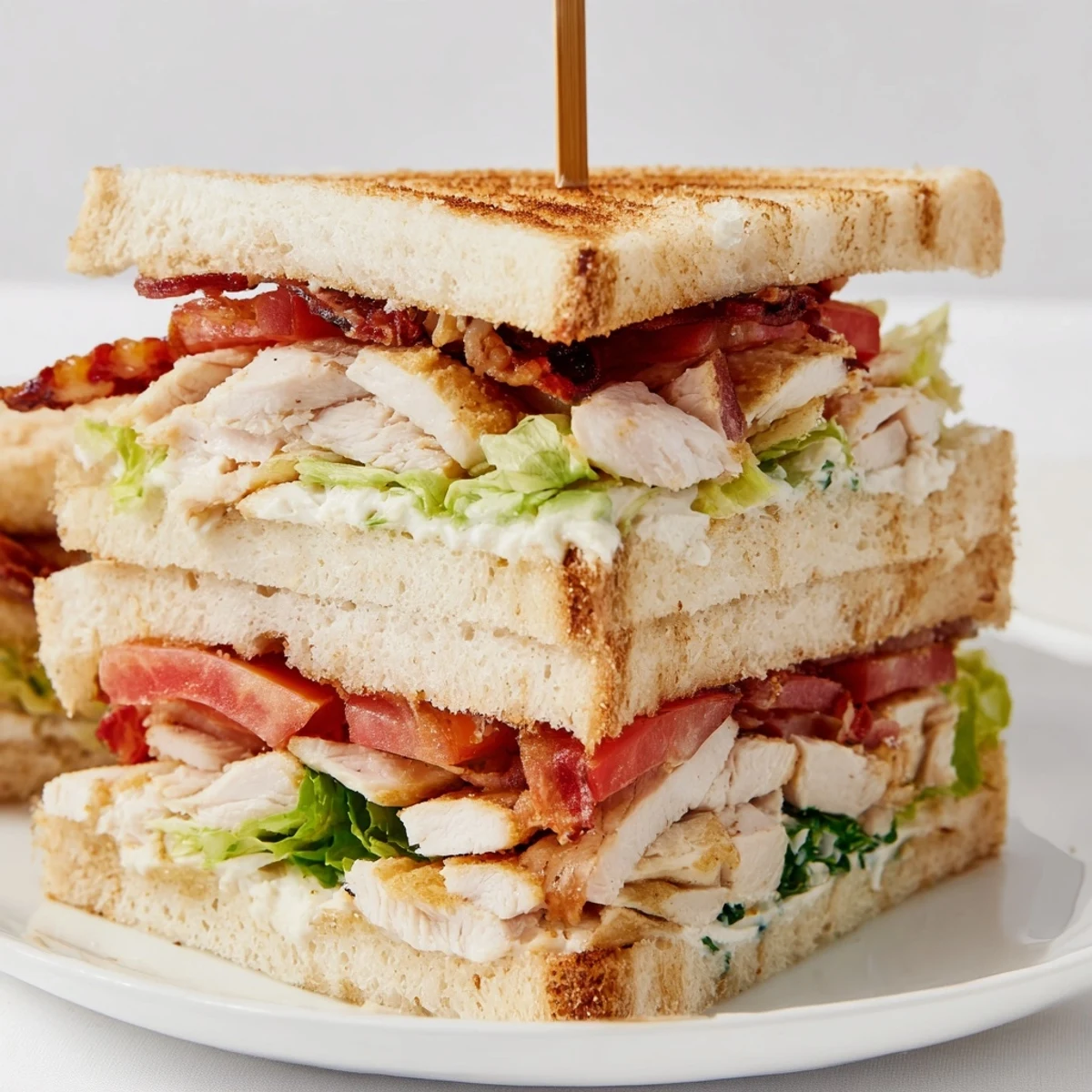 Club sandwich stacked with juicy tomatoes, creamy mayonnaise, and crunchy bacon cut into triangles