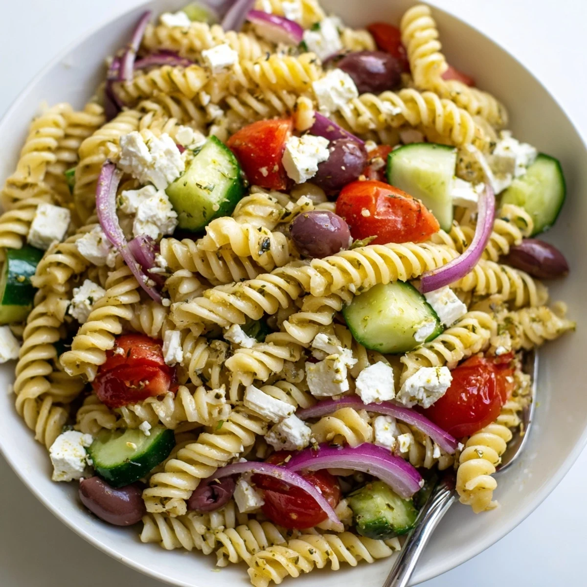 A colorful bowl of Greek pasta salad studded with juicy tomatoes, cucumbers, and crumbled feta cheese