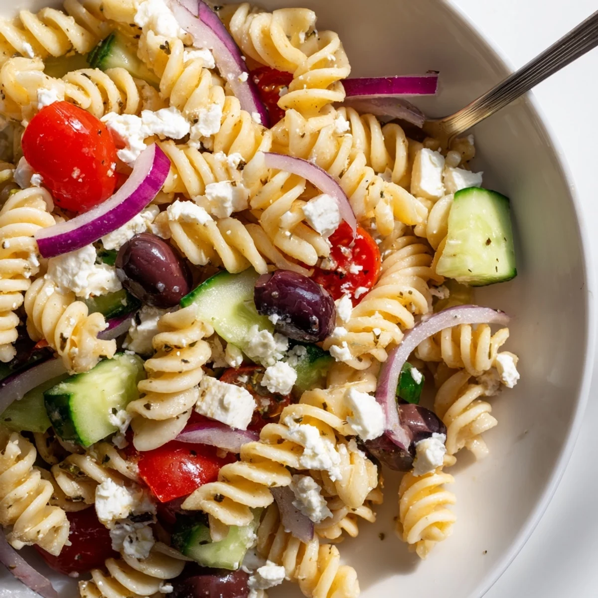 Greek pasta salad drizzled with tangy vinaigrette, tossed with Kalamata olives and crisp bell peppers