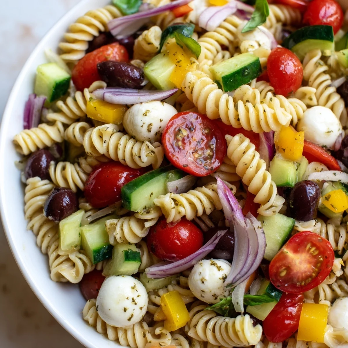 Colorful vegetarian pasta salad with cherry tomatoes, olives, and mozzarella in a tangy vinaigrette