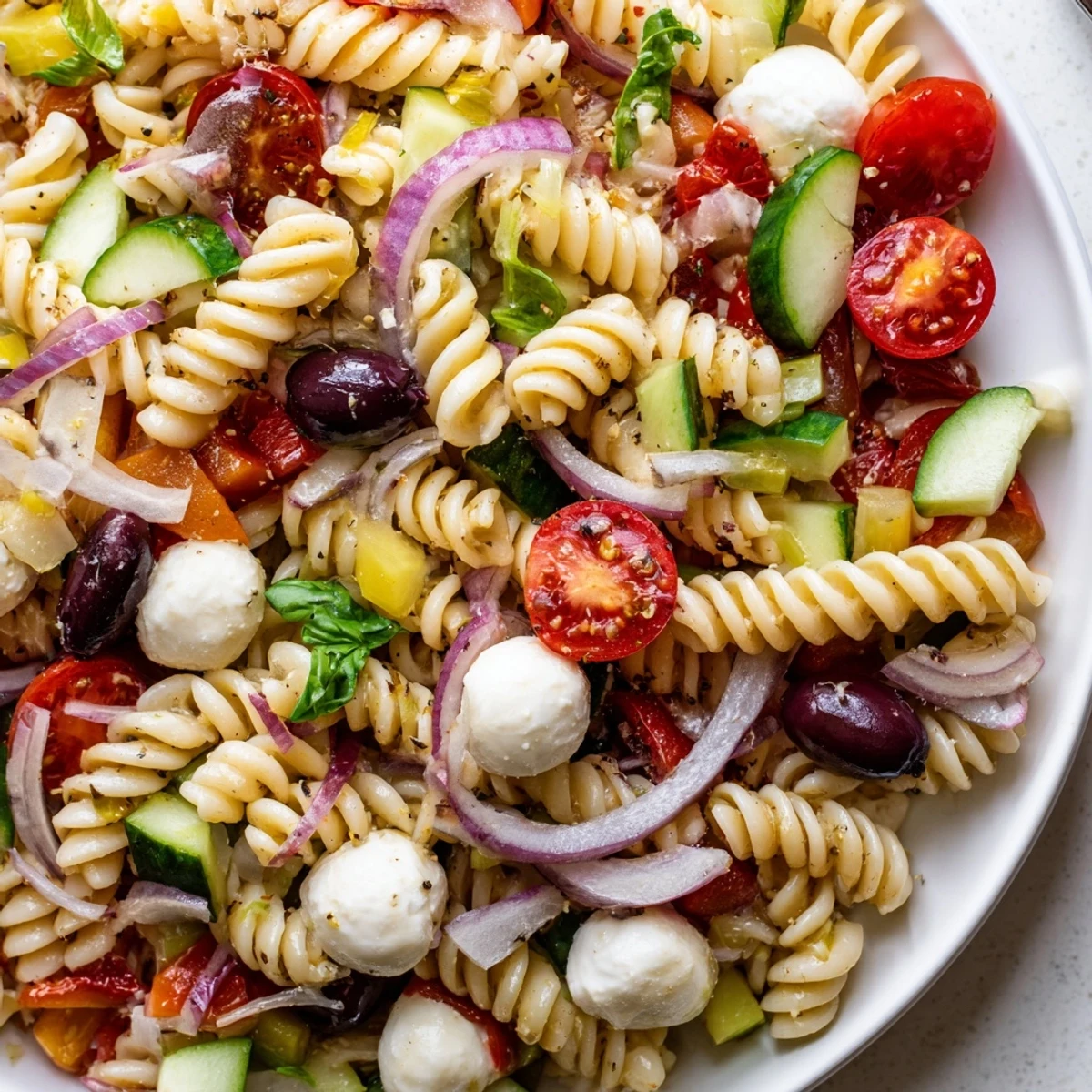 Bowl of Italian vegetarian pasta salad tossed with crisp peppers, fresh basil, and creamy bocconcini