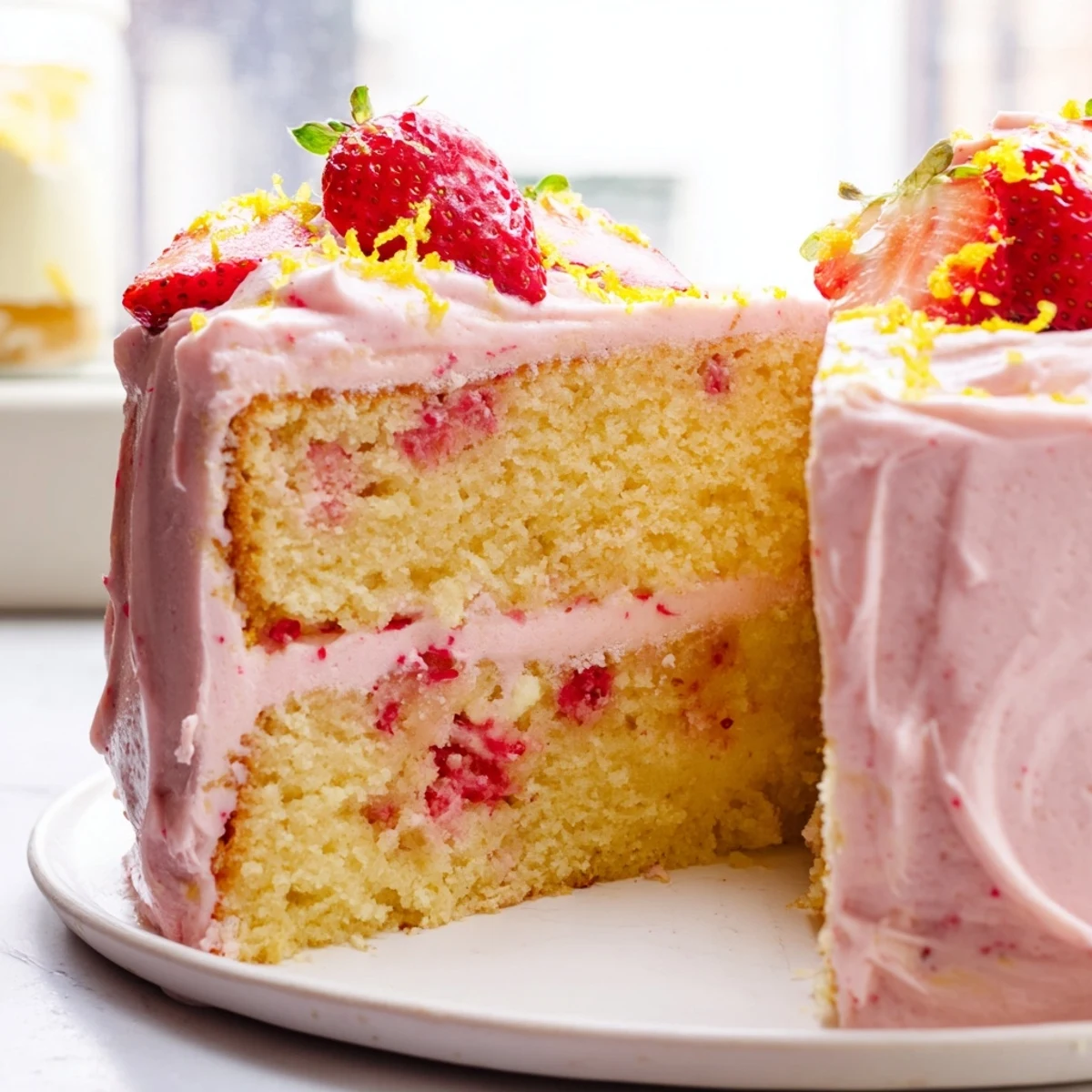 A slice of strawberry lemonade cake topped with pink frosting and fresh berries