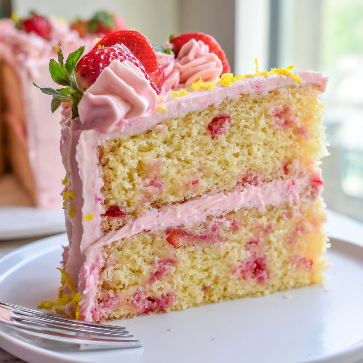 Moist strawberry lemonade cake layers filled with tangy citrus buttercream and strawberry pieces