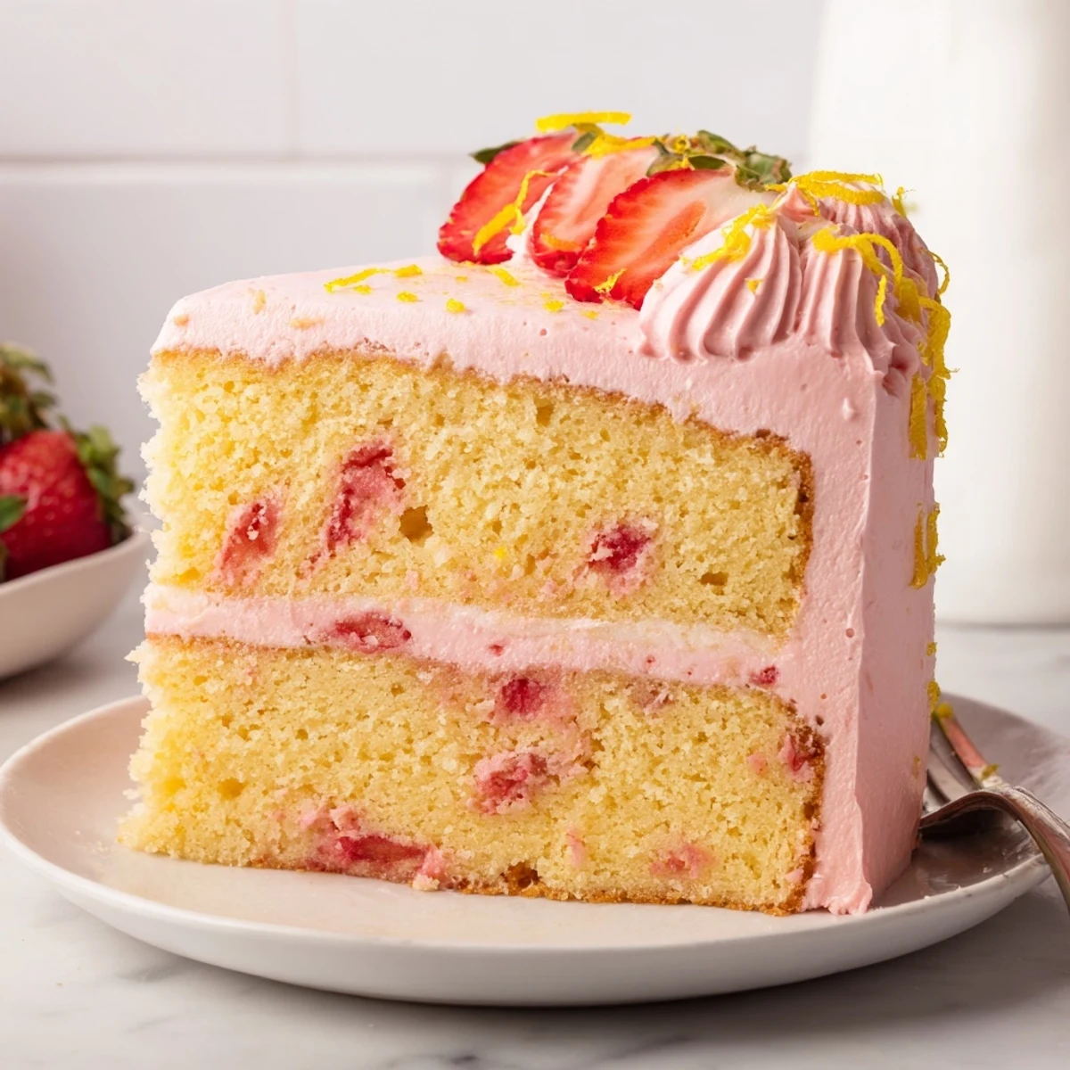 Homemade strawberry lemonade cake garnished with lemon zest and sliced ripe strawberries