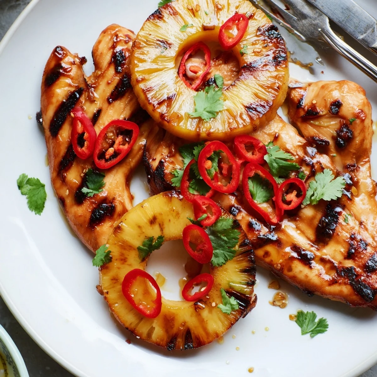 Juicy Chili Pineapple Grilled Chicken with caramelized pineapple rings on a rustic plate