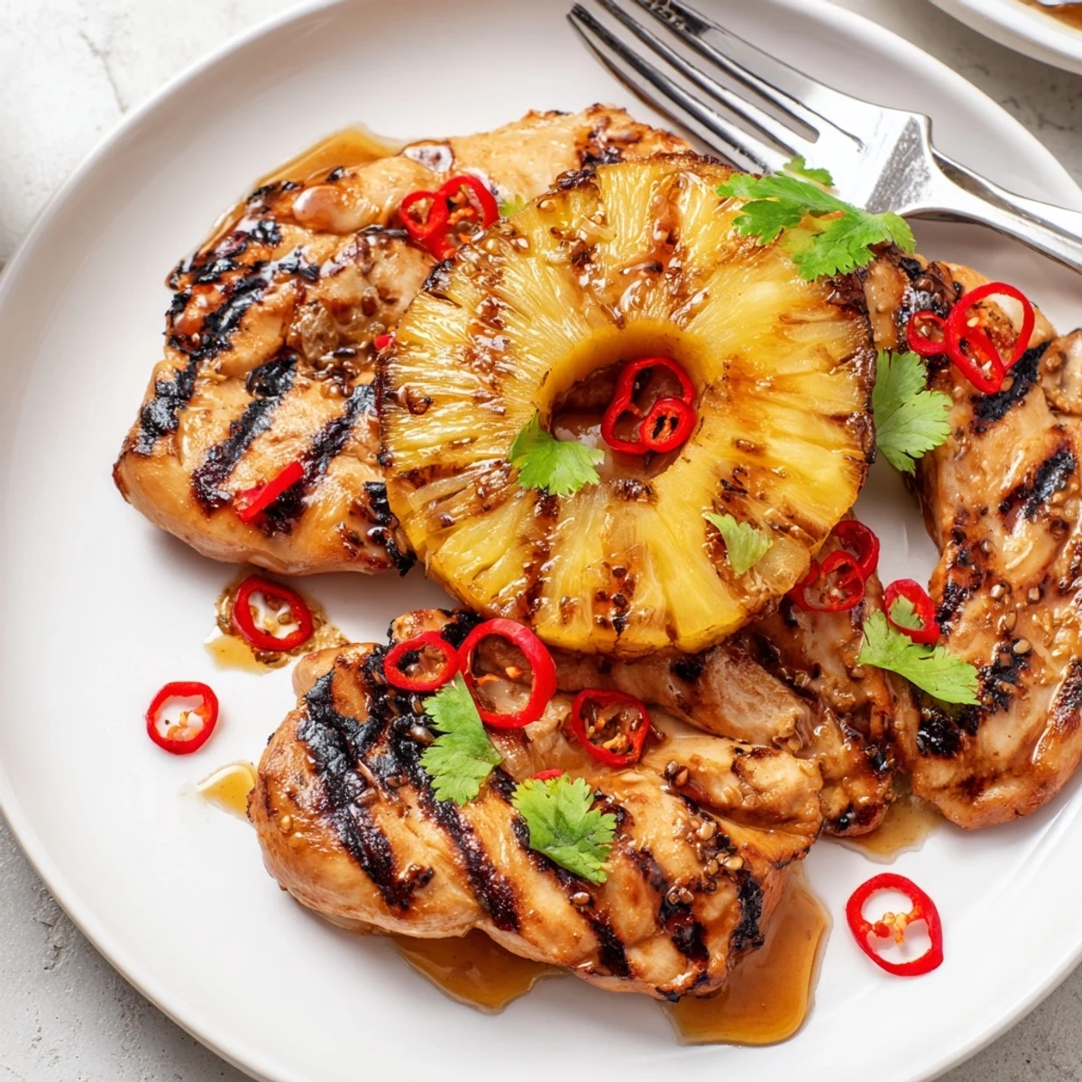 Smoky Chili Pineapple Grilled Chicken sliced open, drizzled with sweet and spicy glaze