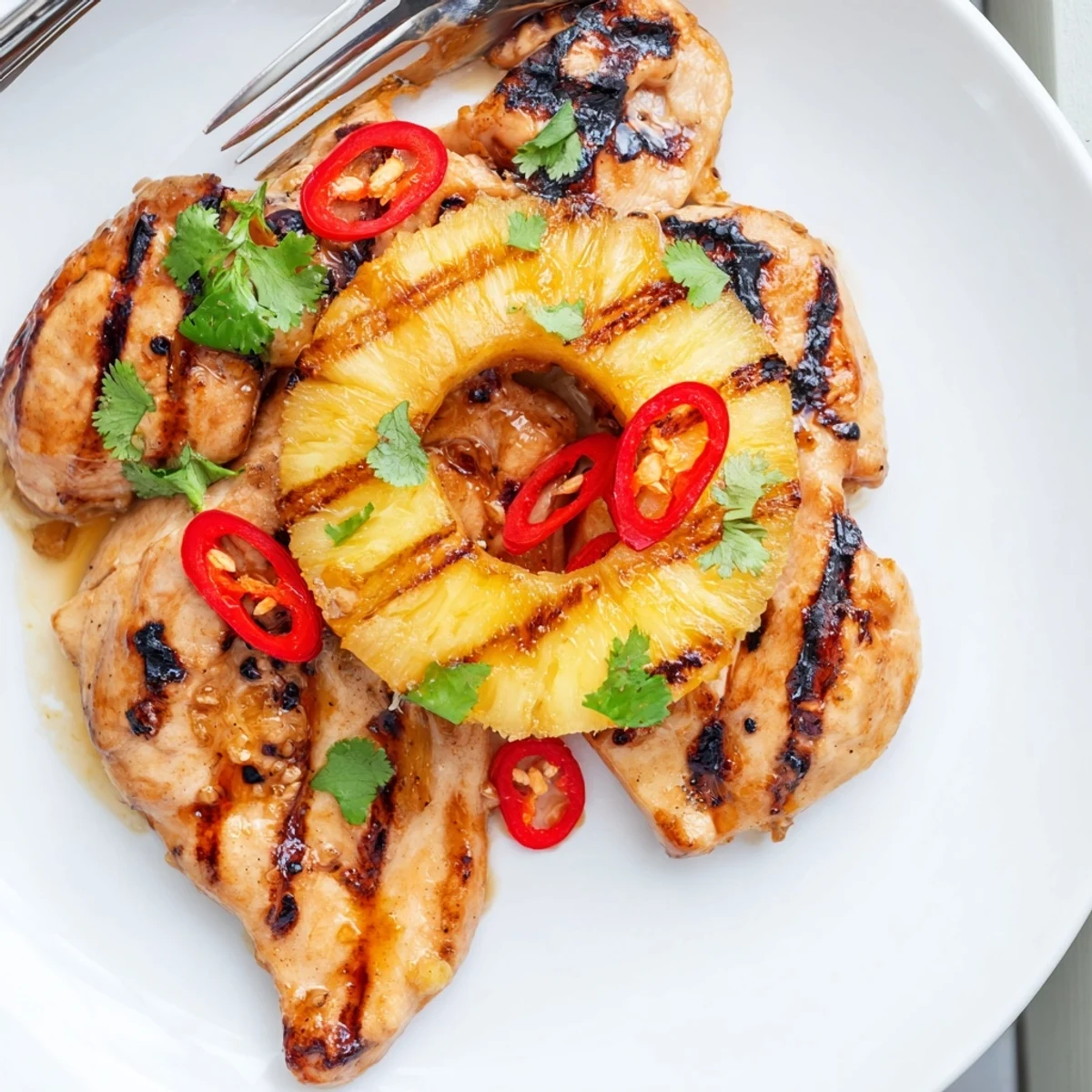 Tender Chili Pineapple Grilled Chicken garnished with fresh cilantro and sliced red chili