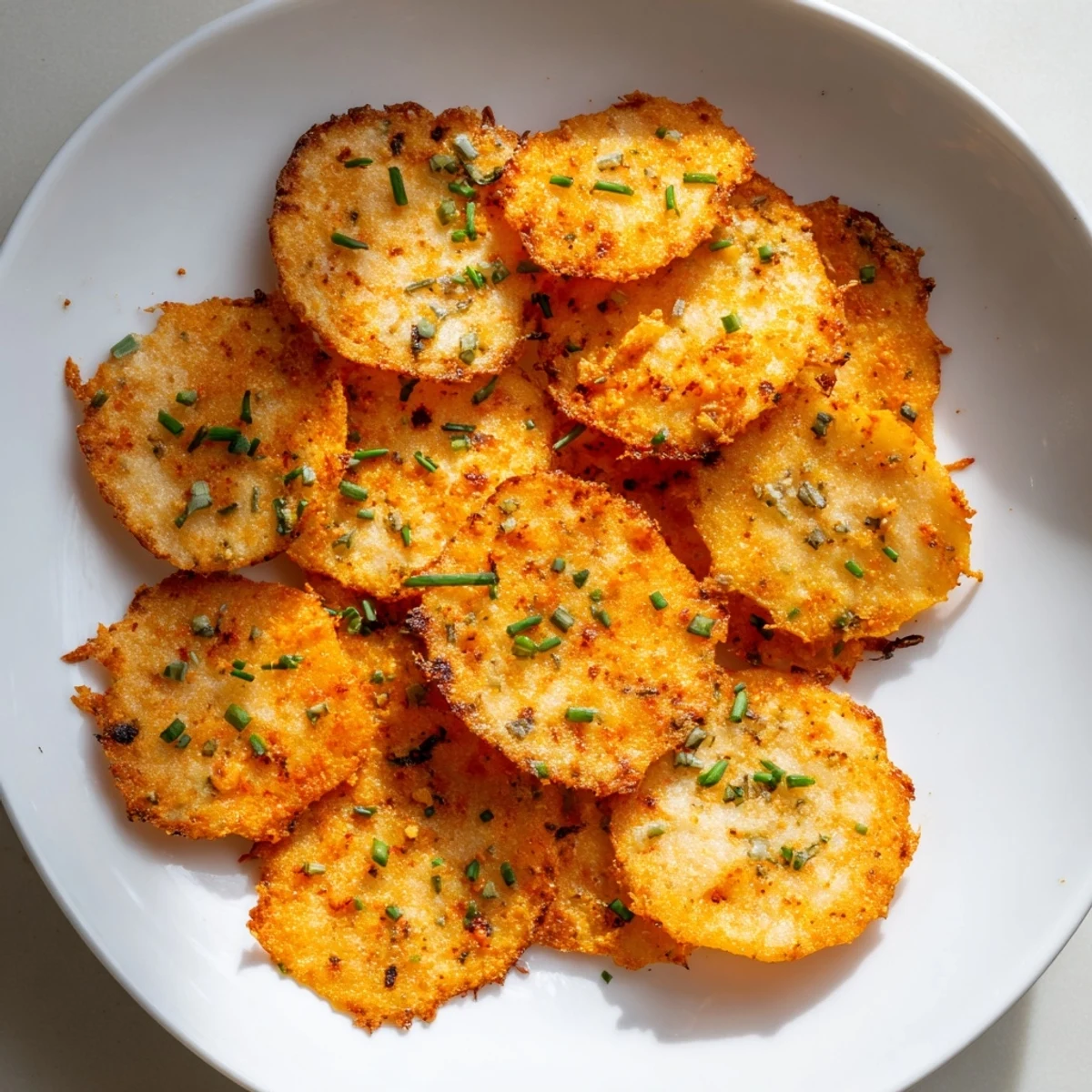 Golden crispy cottage cheese chips fresh from the oven on parchment paper