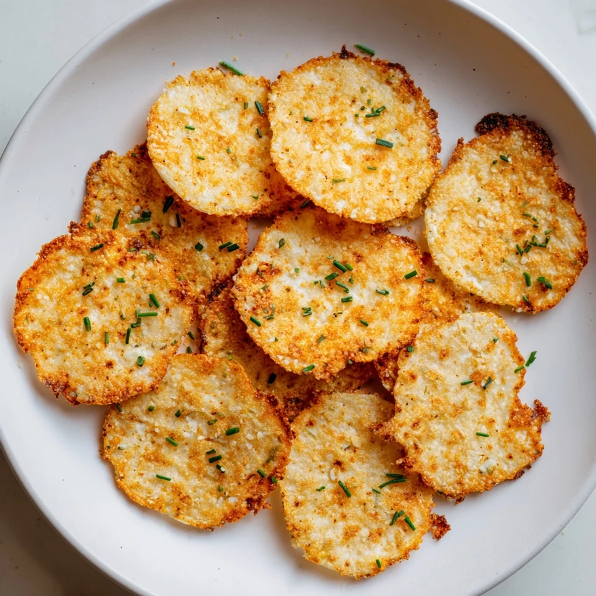Crunchy baked cottage cheese chips sprinkled with parmesan and chopped chives