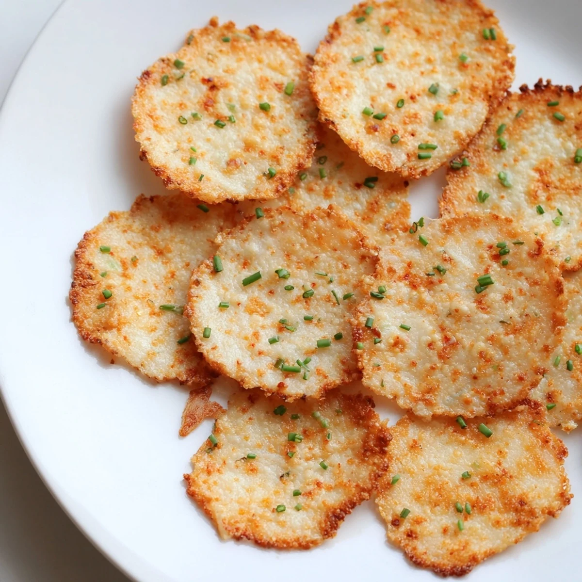 Cottage cheese chips arranged on a plate beside a creamy dip