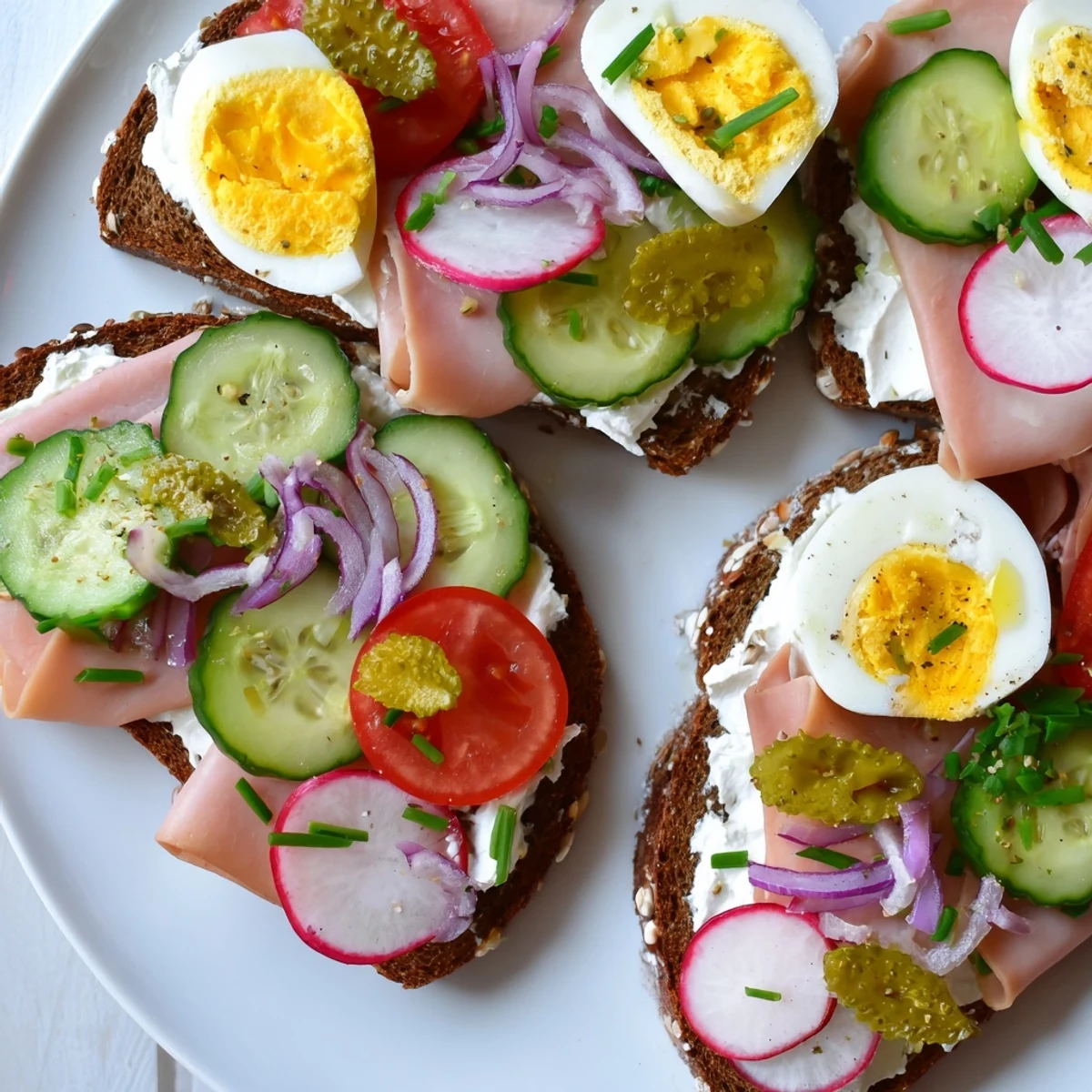 Open faced Polish sandwiches kanapki topped with colorful veggies and savory meats on rye bread