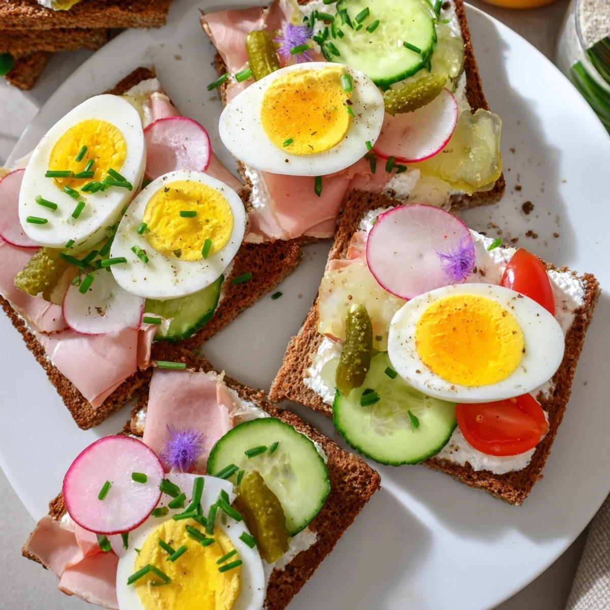 Buttered rye slices loaded with smoked kielbasa pickles and egg for open faced Polish sandwiches kanapki