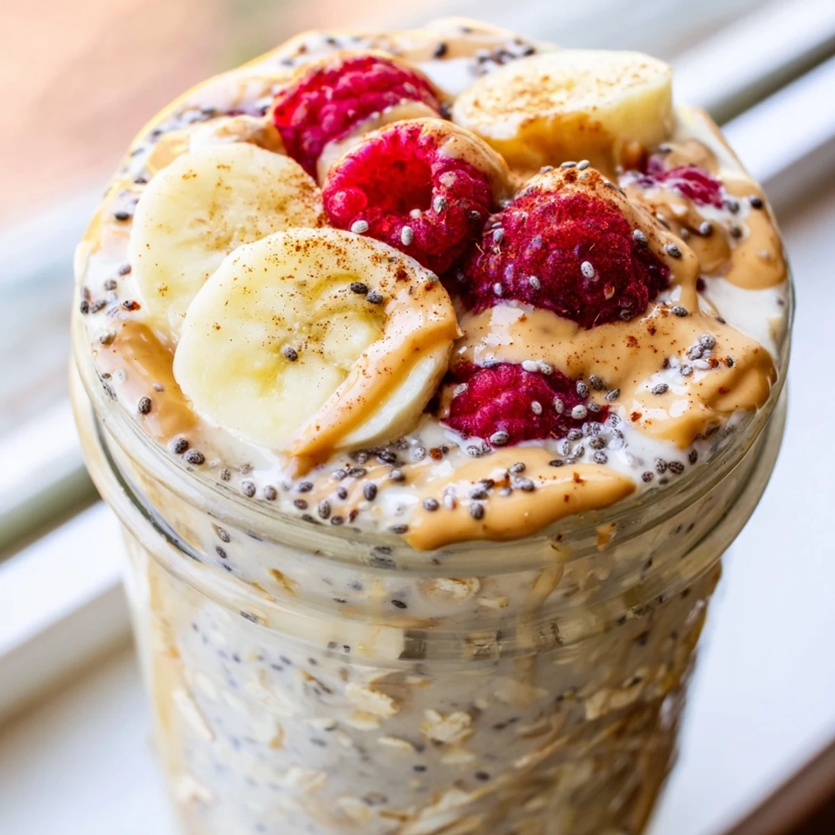 Creamy protein overnight oats topped with fresh berries in a glass jar