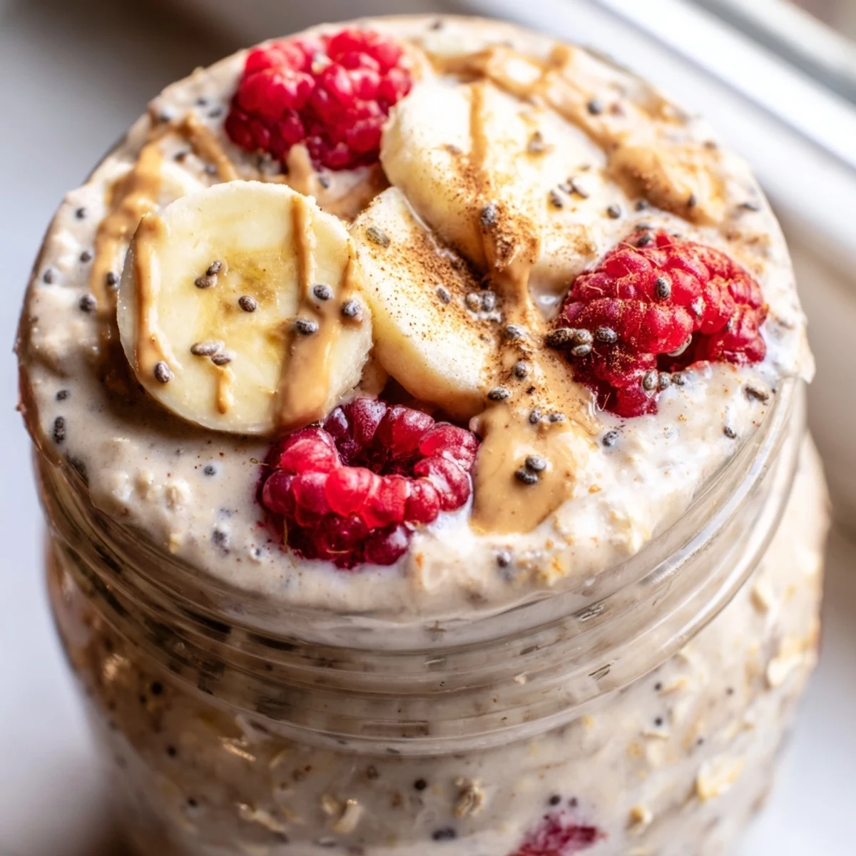 Homemade protein overnight oats in mason jar with a sprinkle of cinnamon