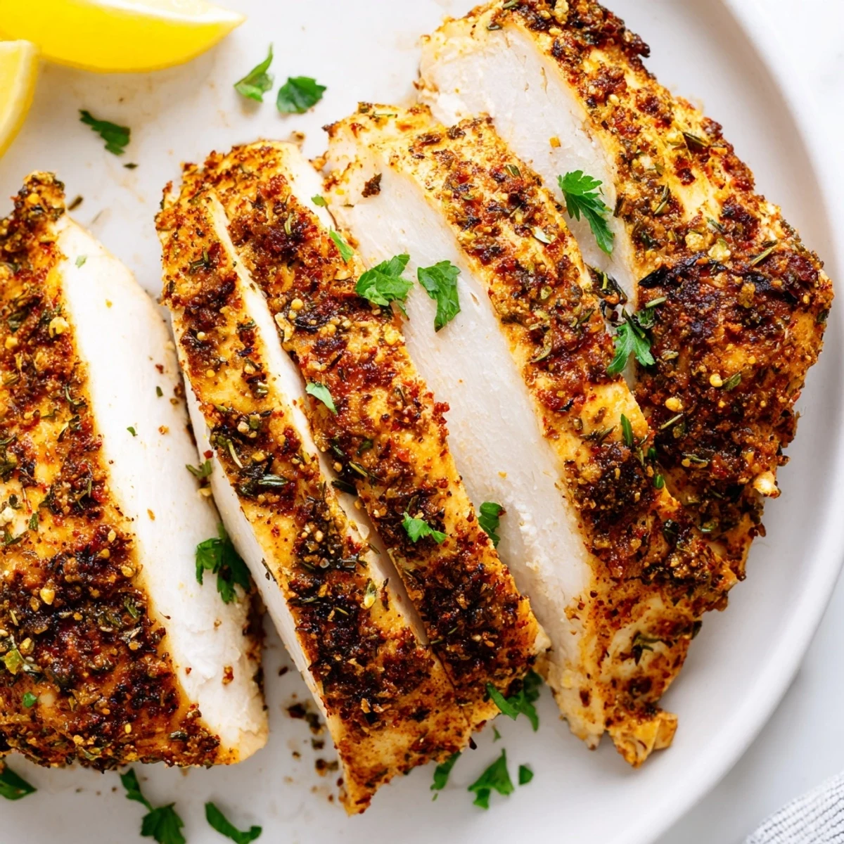 Golden oven baked chicken breasts seasoned with herbs on a parchment-lined baking sheet