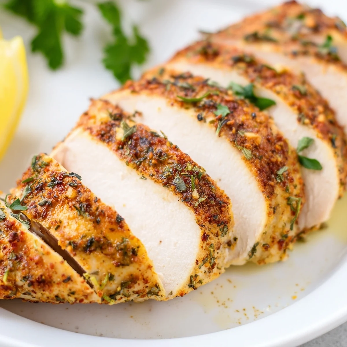 Juicy sliced oven baked chicken breasts garnished with fresh parsley and lemon wedges