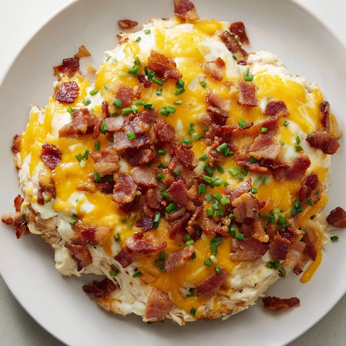 Golden bubbling baked crack chicken with crispy bacon and melted cheddar in a rustic casserole dish
